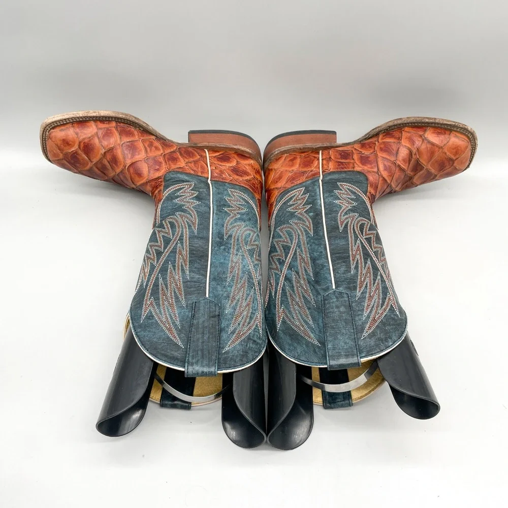 Horse Power Kids 5 Fish Scale Western Cowboy Boots Cognac Teal Leather SquareToe